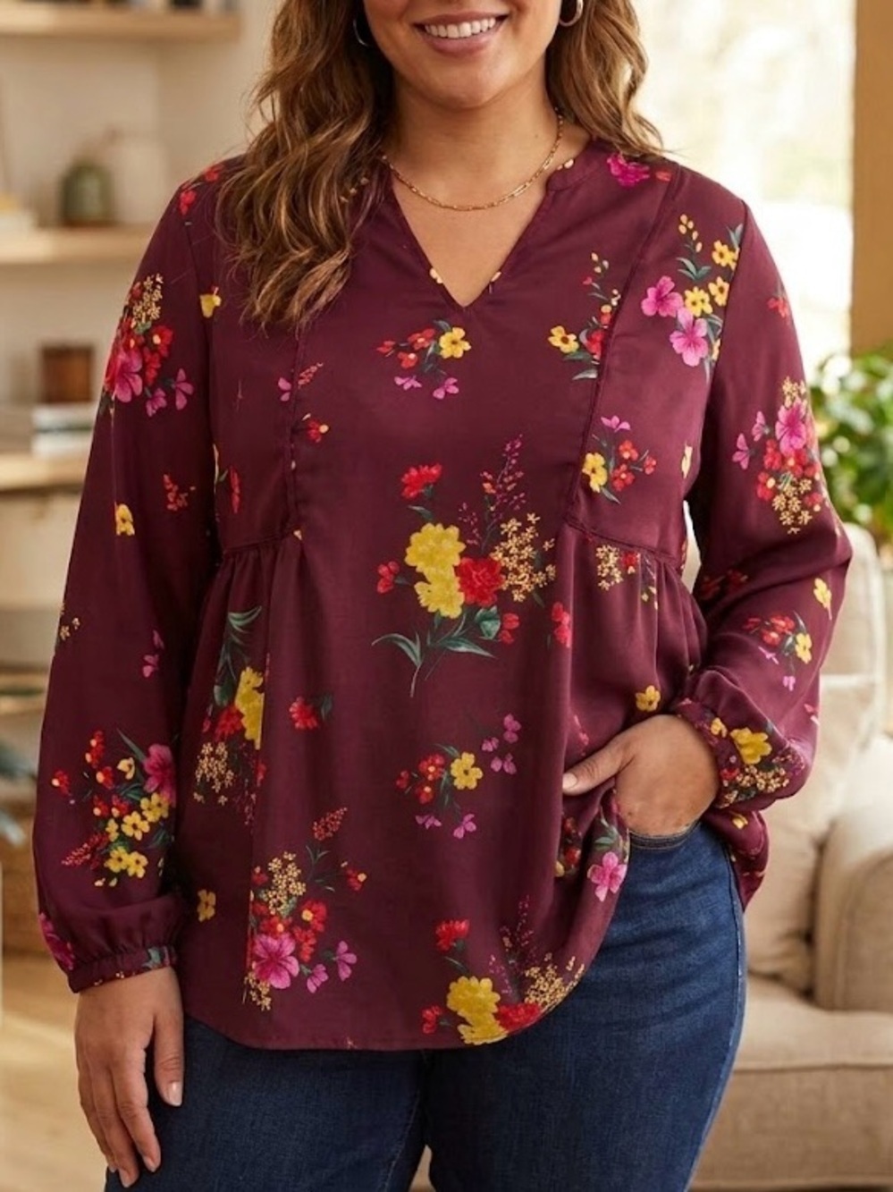 Old Navy Large Tall Burgundy Floral Peplum Blouse Boho Whimsical Cottagecore